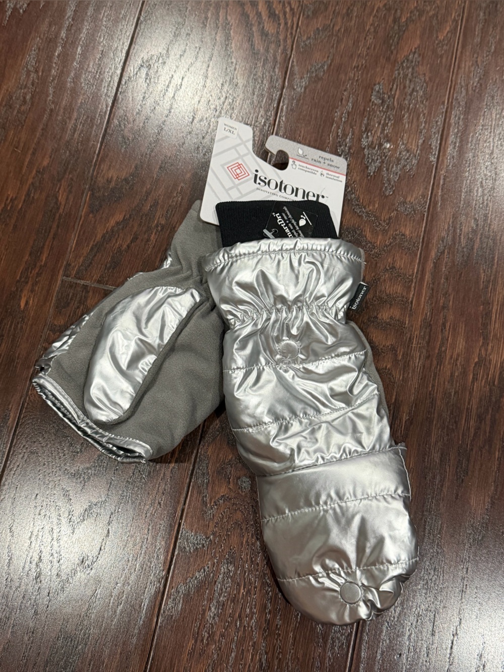 Isotoner Signature Women Sleek Heat Flip Touchscreen Mittens L/XL silver NEW